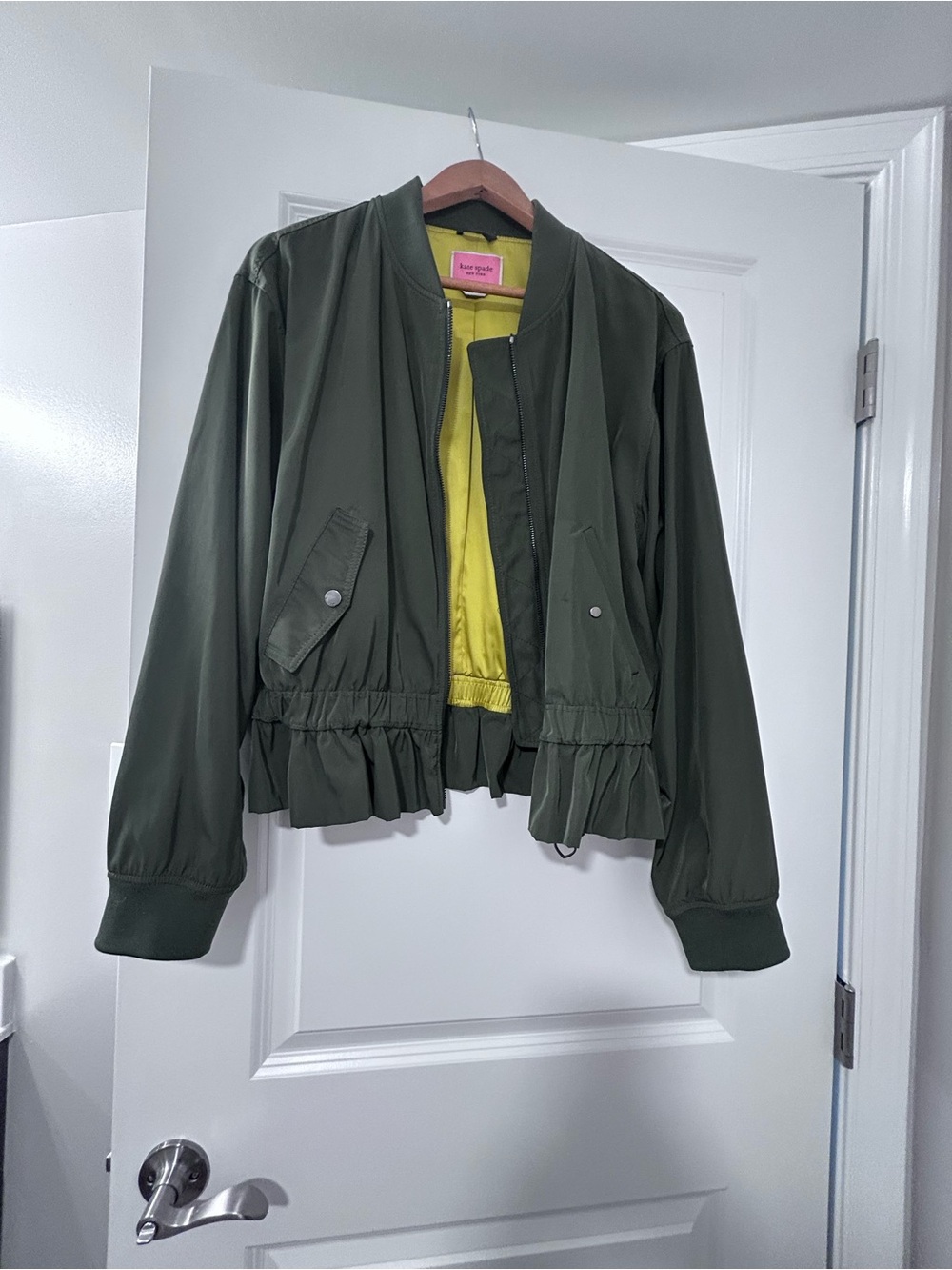 kate spade Olive Green Bomber Jacket with Yellow Lining